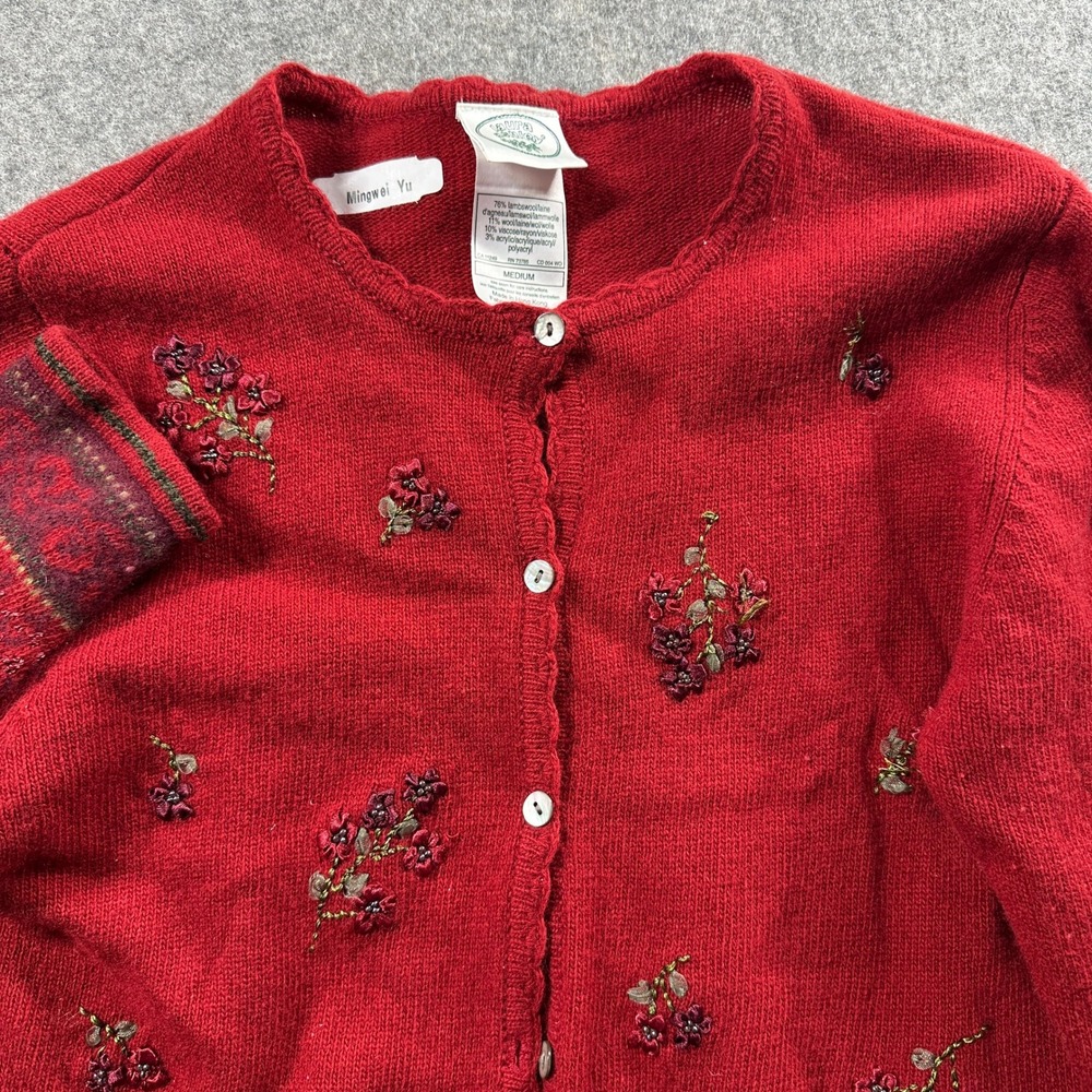 Vtg Laura Ashley Cardigan Women Medium Red Lambswool Floral Embroidered Flaws